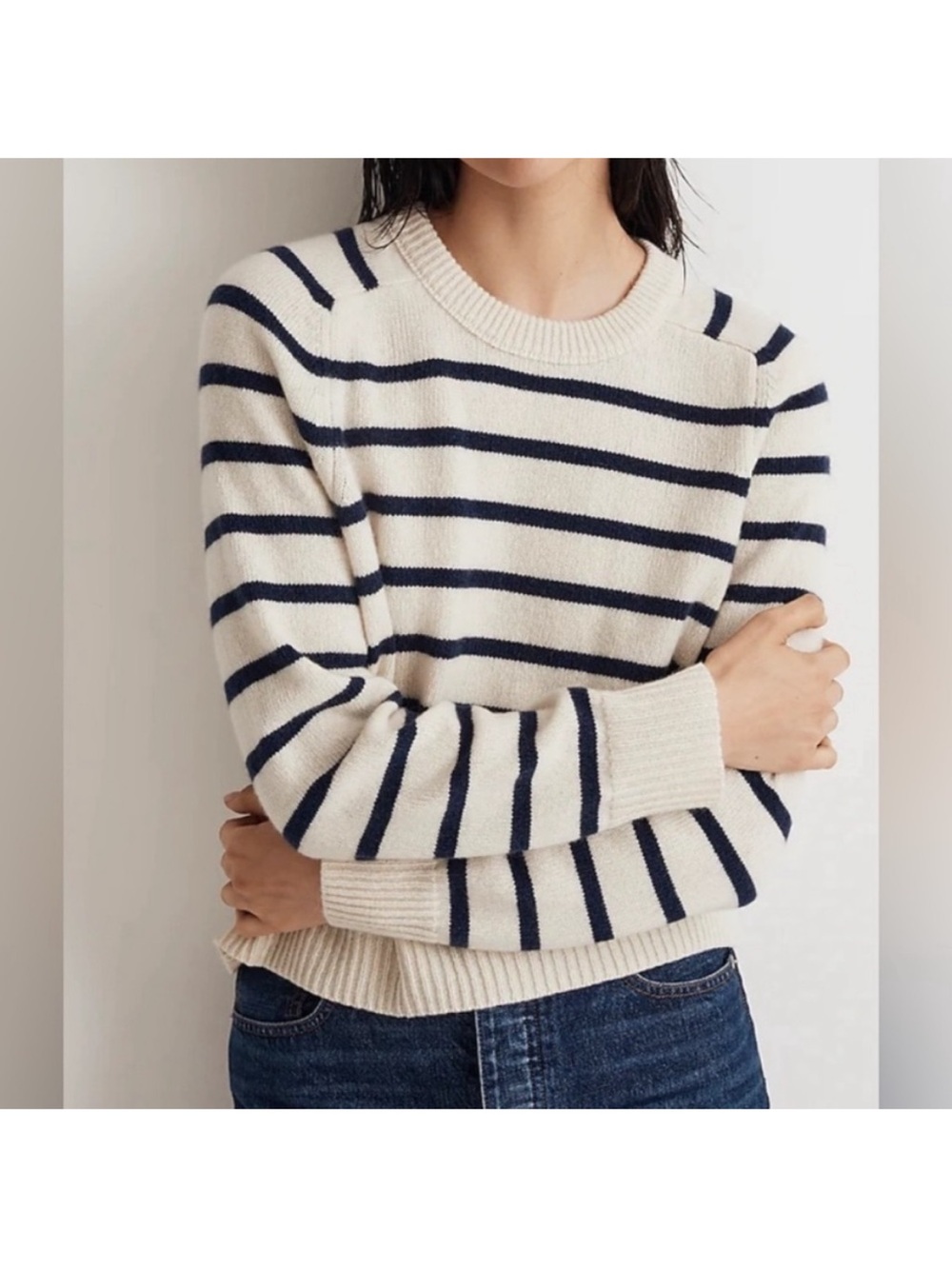 Madewell (Re)sourced Cashmere Wool Striped Crewneck Sweater Navy Cream Boxy M - Picture 3 of 12